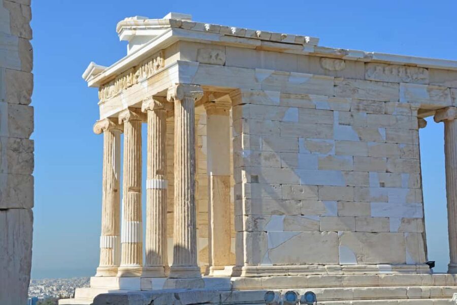 Acropolis: 3D representations & audiovisual self-guided tour - Erechtheion details and 360 views that reach toward the sea